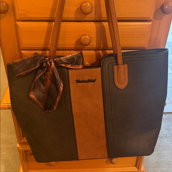 Montana West Brown and Tan Two-Tone Tote with Bow Scarf Accent - Picture 2 of 5
